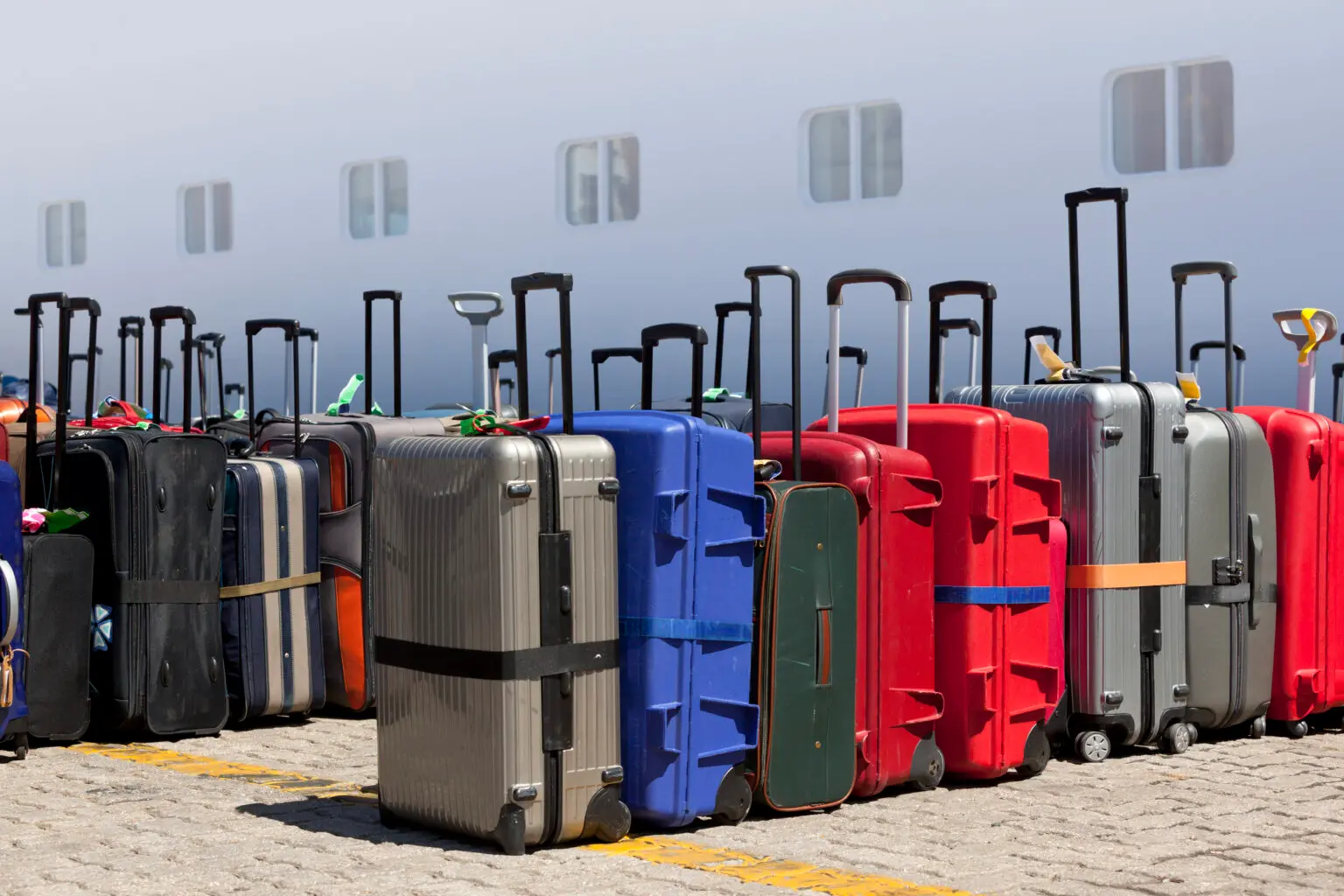 Luggage ready for departure in front of cruising ship